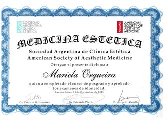 Diploma de Medicina Estética, SACE y American Society of Aesthetic Medicine (2013) - Alma Estética -